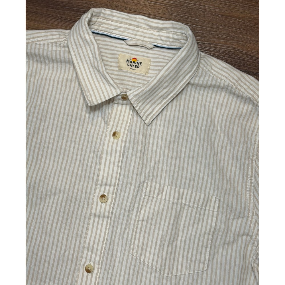 Marine Layer Mens Better Than Linen Beige White Striped Button Down Shirt Sz L